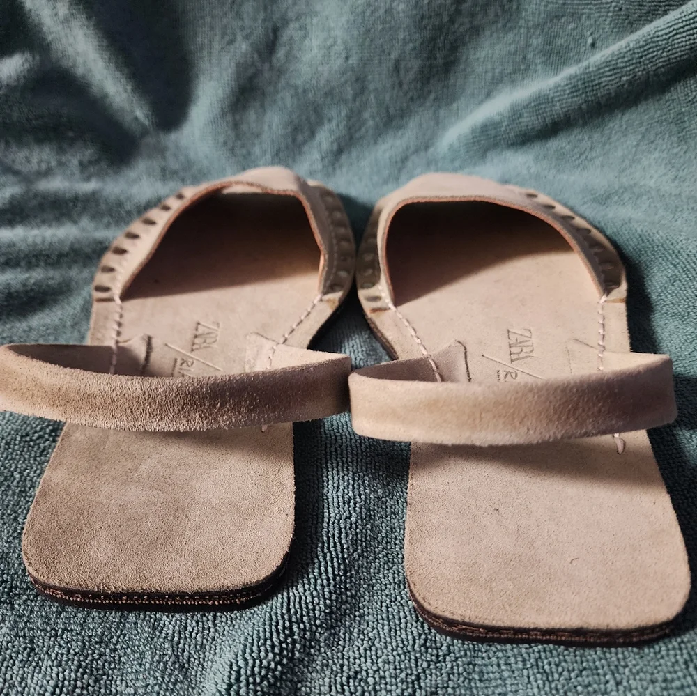 Zara Beige Suede Studded Slide Sandals - Picture 2 of 5